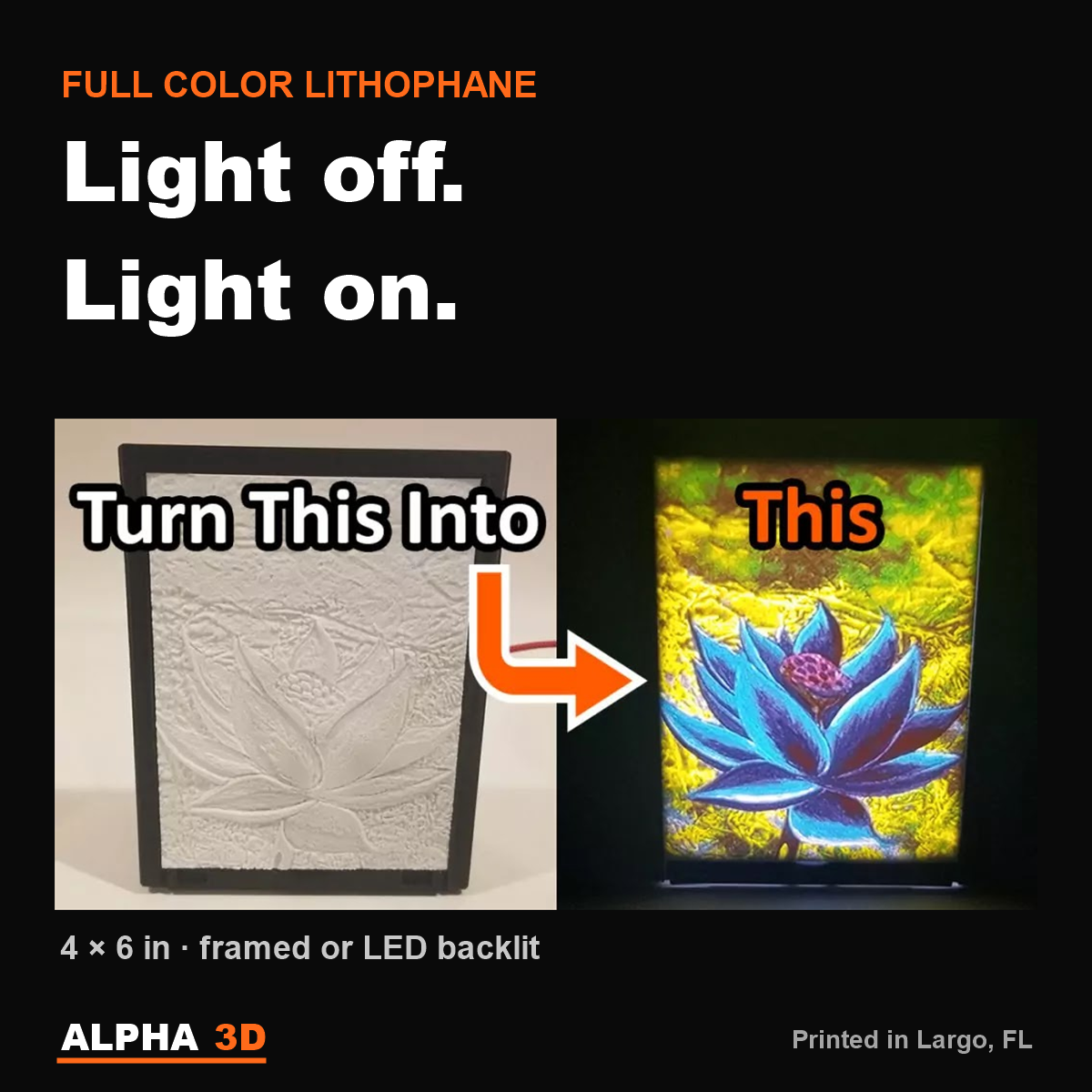 Full-color 3D printed lithophane of a blue lotus: plain white textured panel with the light off, vivid color photo when backlit